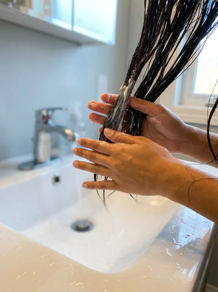 Applying conditioner to the ends of the hair to lock in moisture