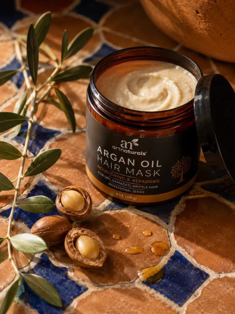 Artnaturals Moroccan argan oil hair mask jar with argan nuts and olive branch on terracotta Moroccan tile background