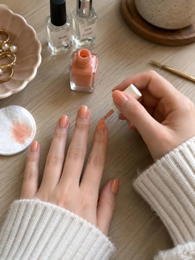 DIY peach nail polish application step by step at home