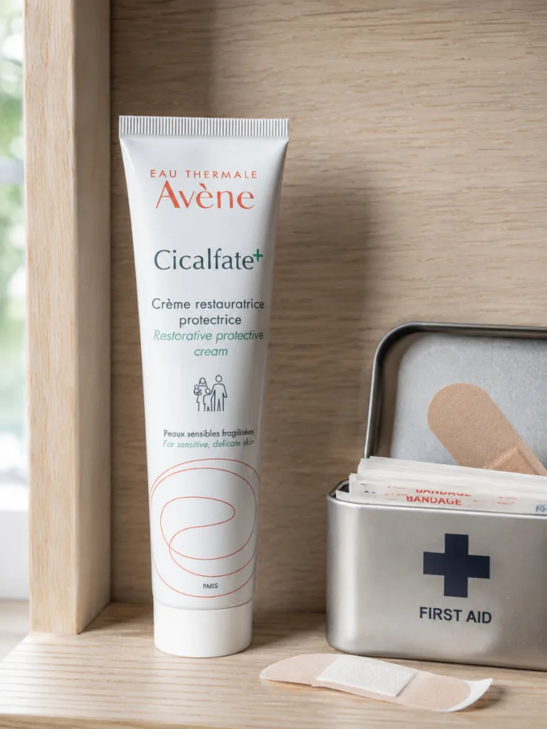 Avène Cicalfate tube with its orange cap beside a small first-aid tin on a wooden shelf