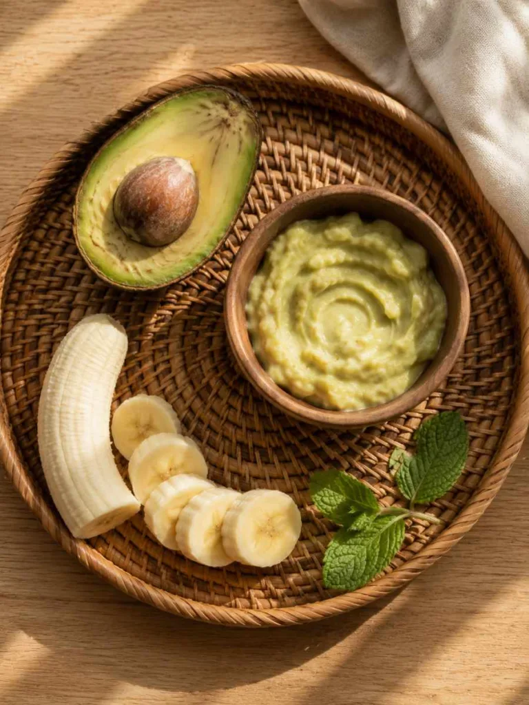 Avocado and banana organic face mask ingredients for dry skin
