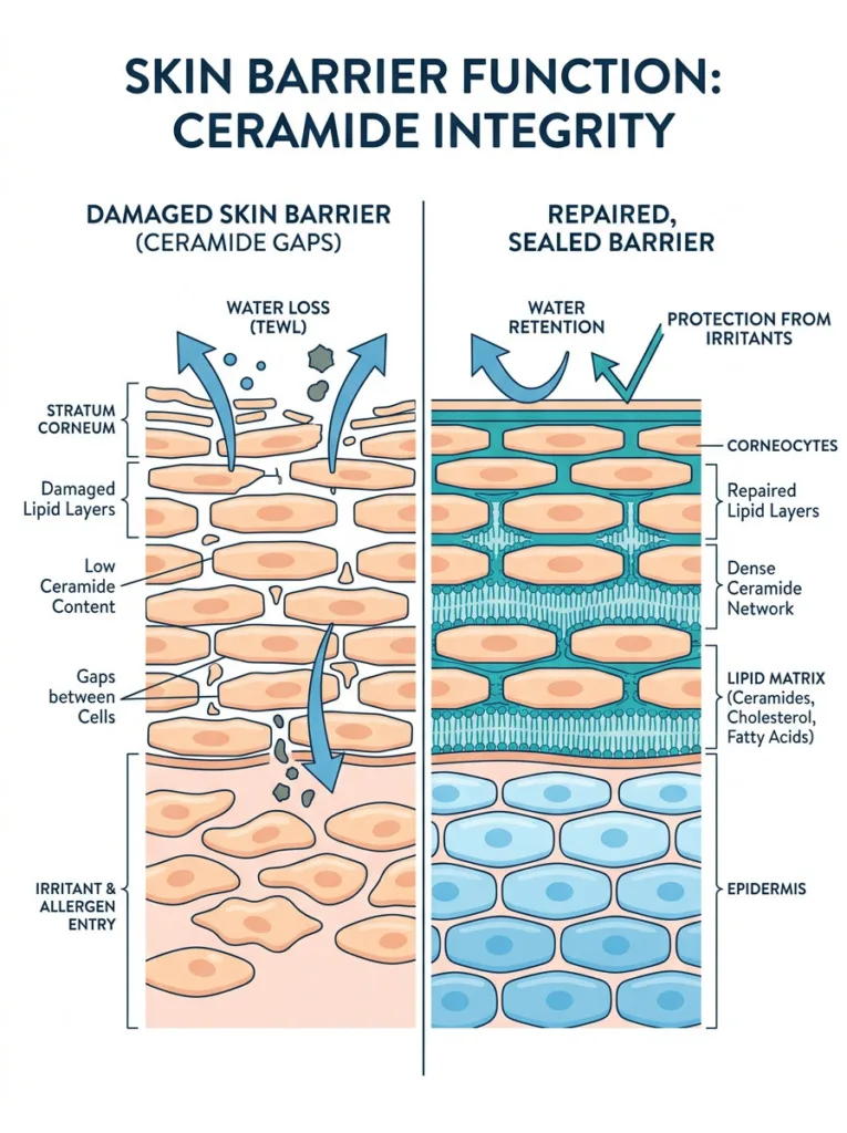 Diagram showing how ceramides repair a damaged dry skin barrier
