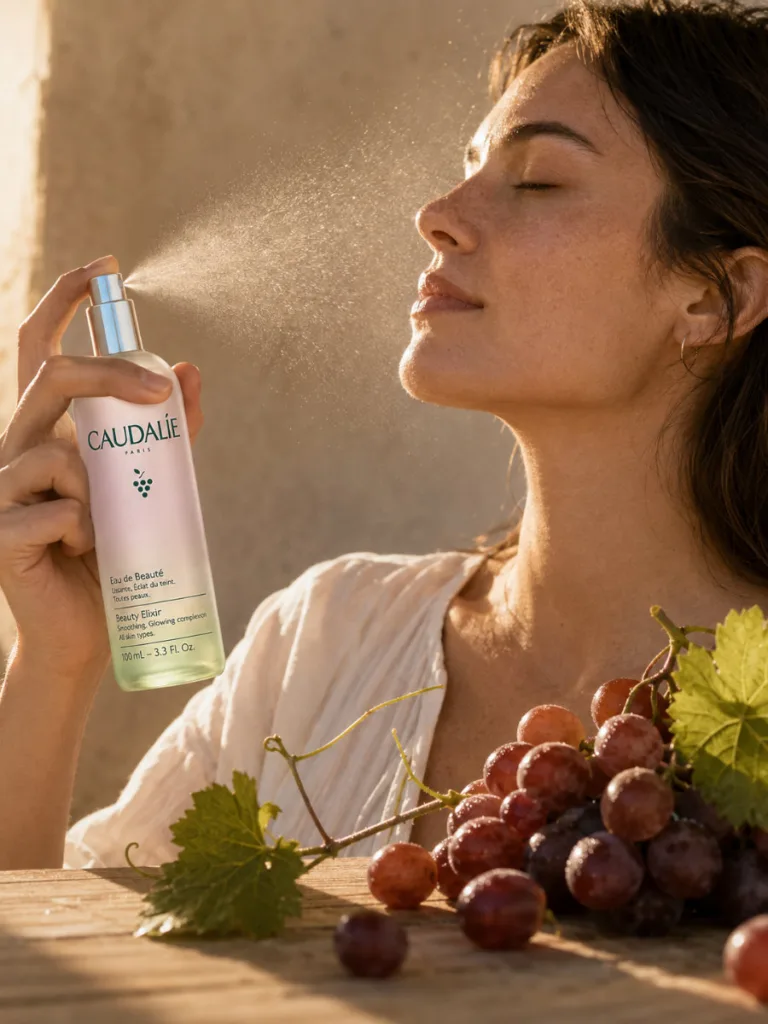 Caudalie Beauty Elixir lilac spray bottle beside fresh grapes on a rustic wooden table
