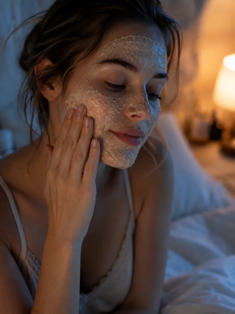 Woman applying an overnight oat and jojoba organic face mask before bed