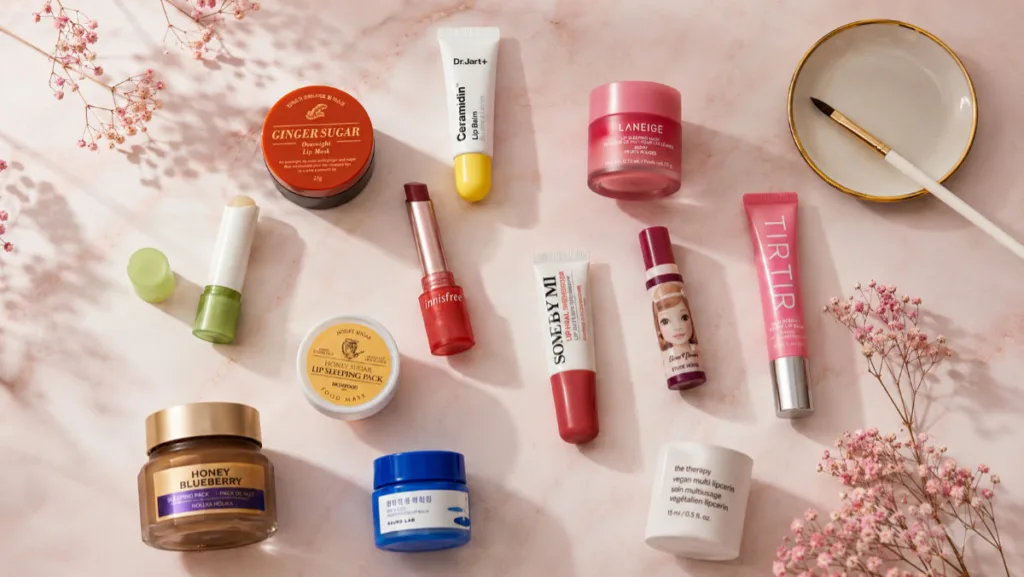 Flat lay of the best Korean lip balms including Laneige, Round Lab, and Rom&nd on a pink marble surface