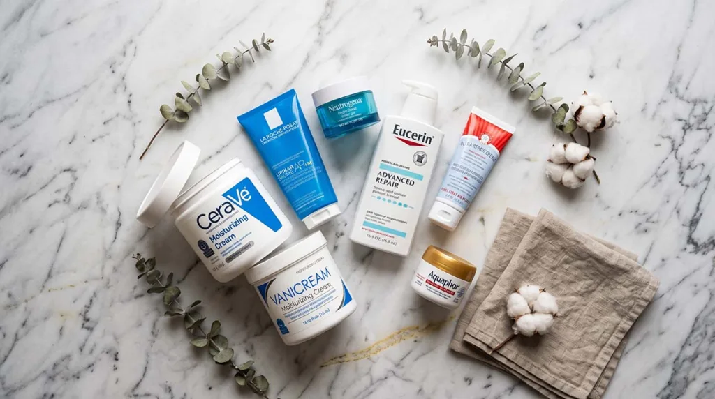 best moisturizers for dry skin in winter flatlay with CeraVe Aquaphor La Roche-Posay on white marble