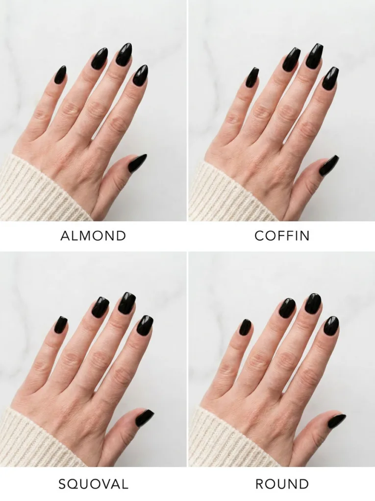 Photo comparison of almond, coffin, squoval, and round nail shapes in black polish