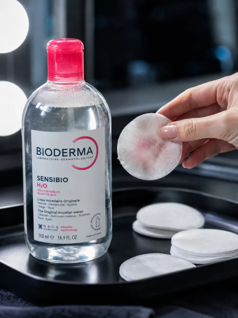 Bioderma Sensibio H2O micellar water bottle beside a soaked cotton pad on a makeup artist's tray