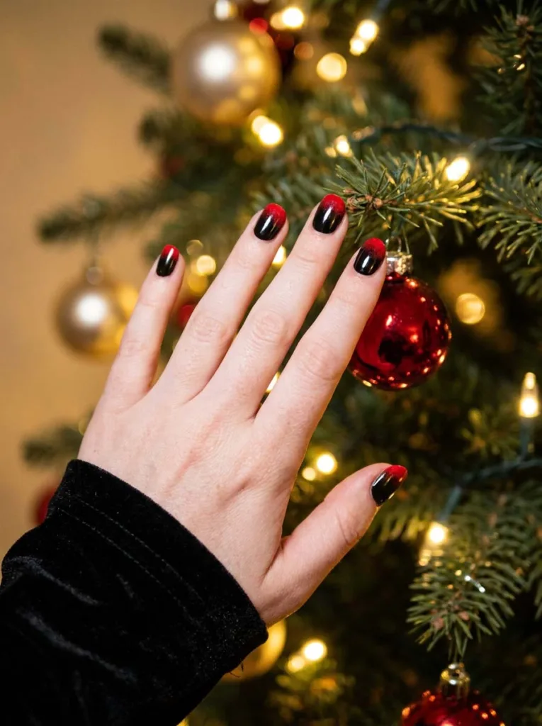 Black Christmas nails with a red ombre tip beside a decorated tree