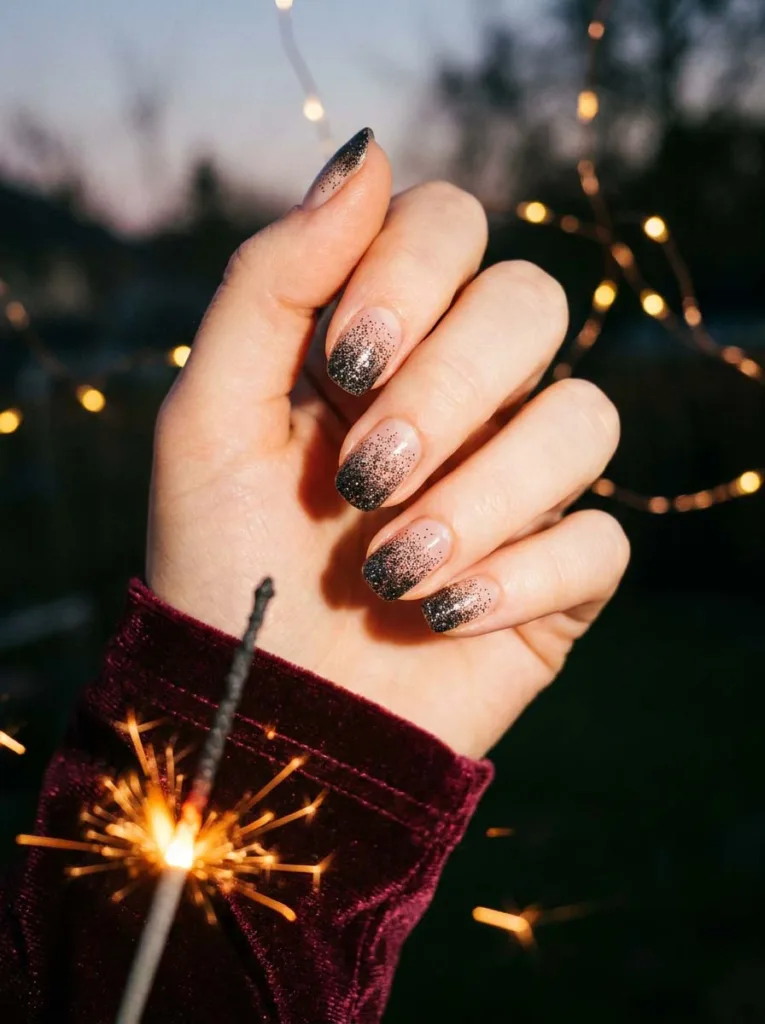 Black glitter ombre fade Christmas nails lit by a sparkler at night