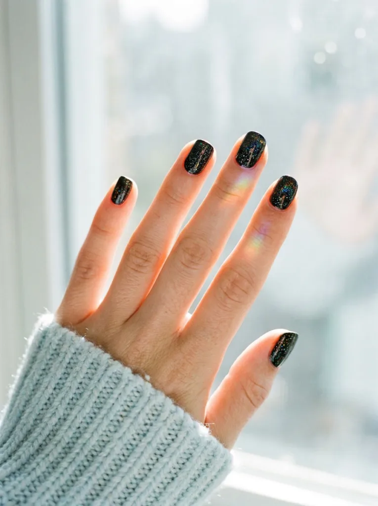 Black holographic sparkle Christmas nails catching rainbow light near a window