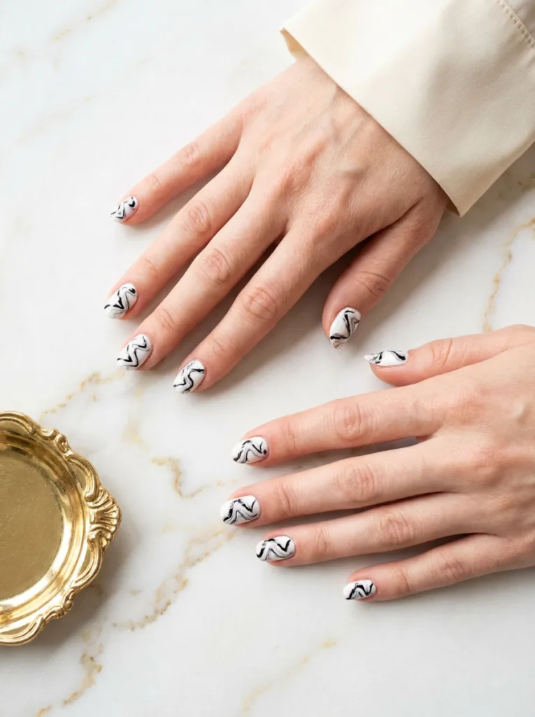 Black and white marble swirl Christmas nail design on a marble slab