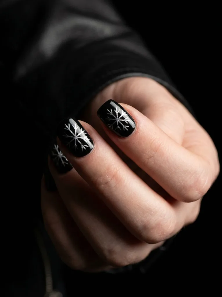 Black winter nails with silver snowflake line art detail