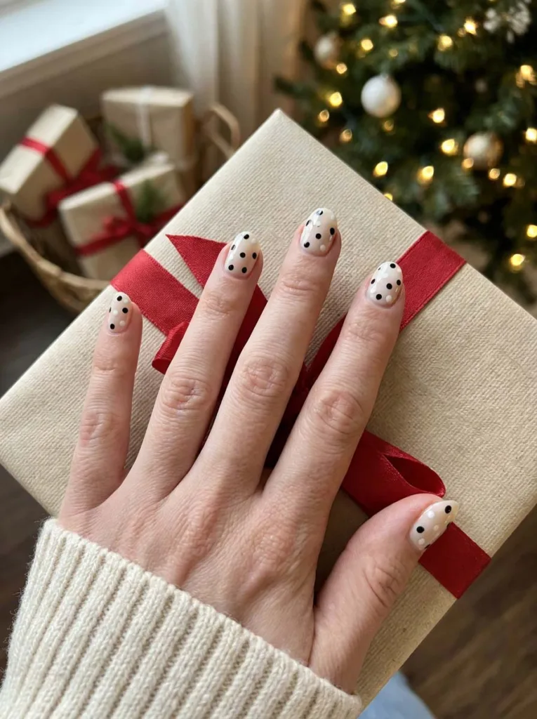 Black and cream polka dot Christmas nails resting on a wrapped gift
