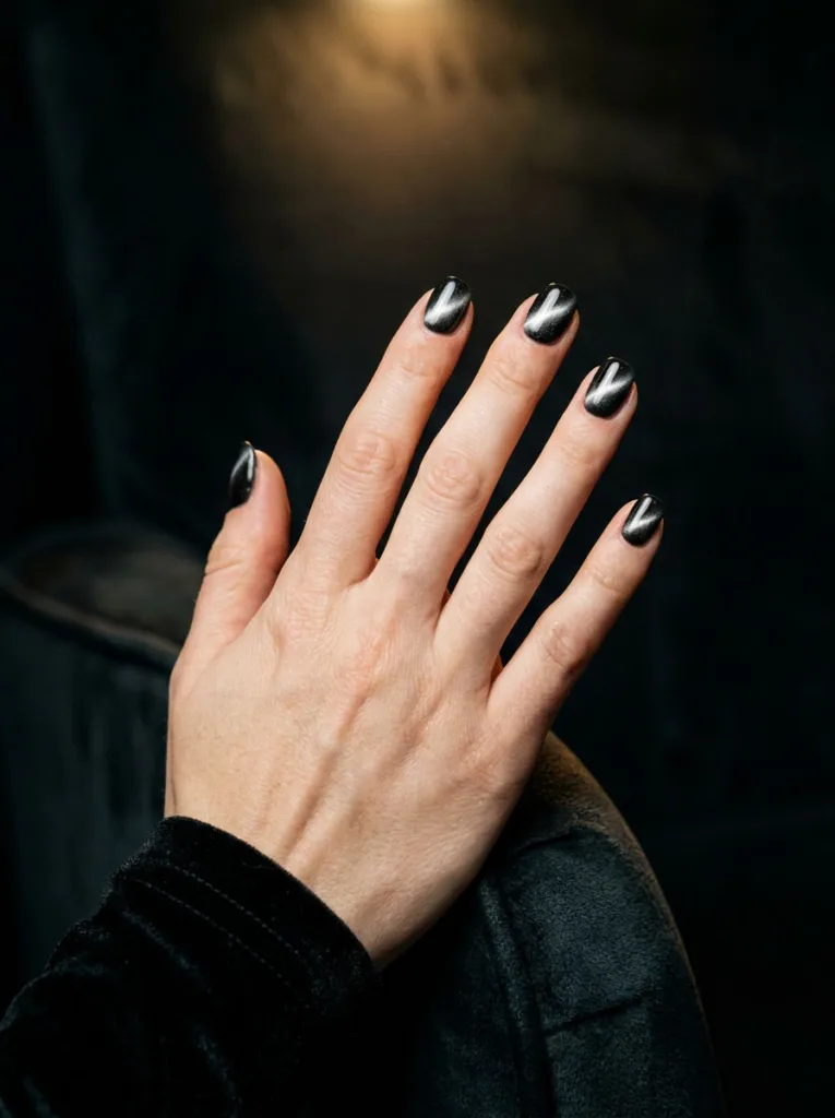 Black velvet cat eye Christmas nails with a soft magnetic shimmer line