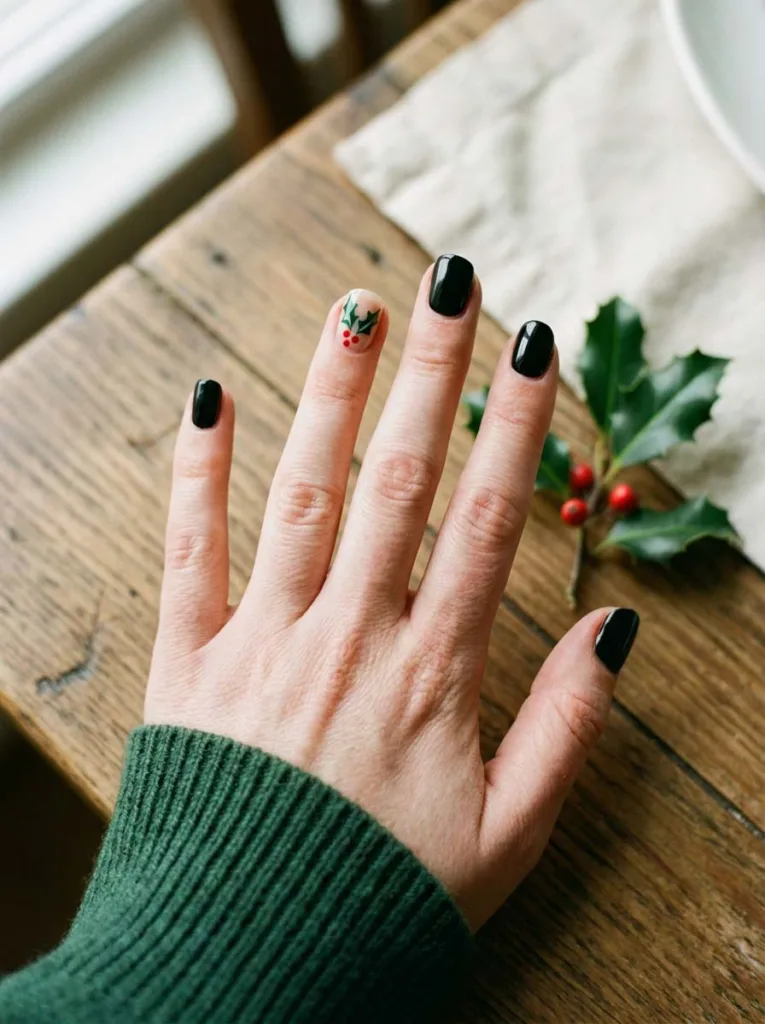 Black Christmas nails with a hand-painted holly accent nail on a wooden table