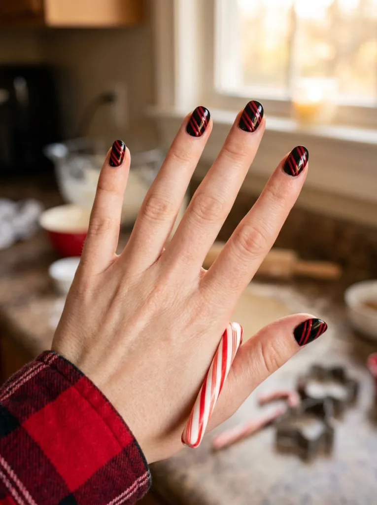 Black and red candy cane stripe Christmas nails beside holiday baking