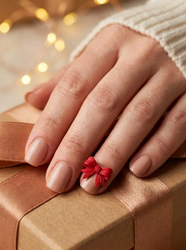 Red christmas nails with a bow accent nail resting on a wrapped gift box