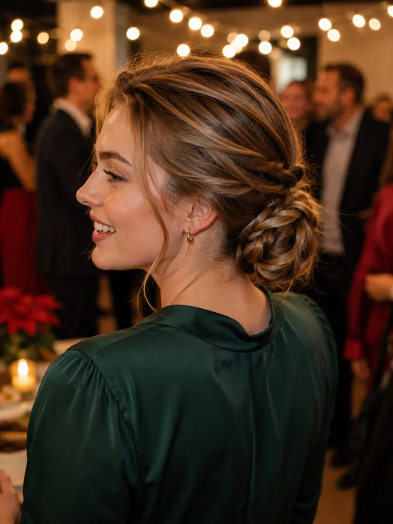 Woman with a braided bubble bun updo at an office holiday party.