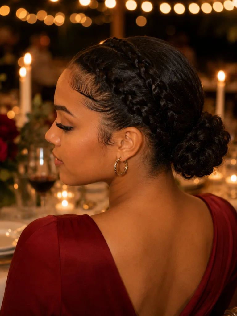 Woman with a braided halo updo at a candlelit holiday dinner.