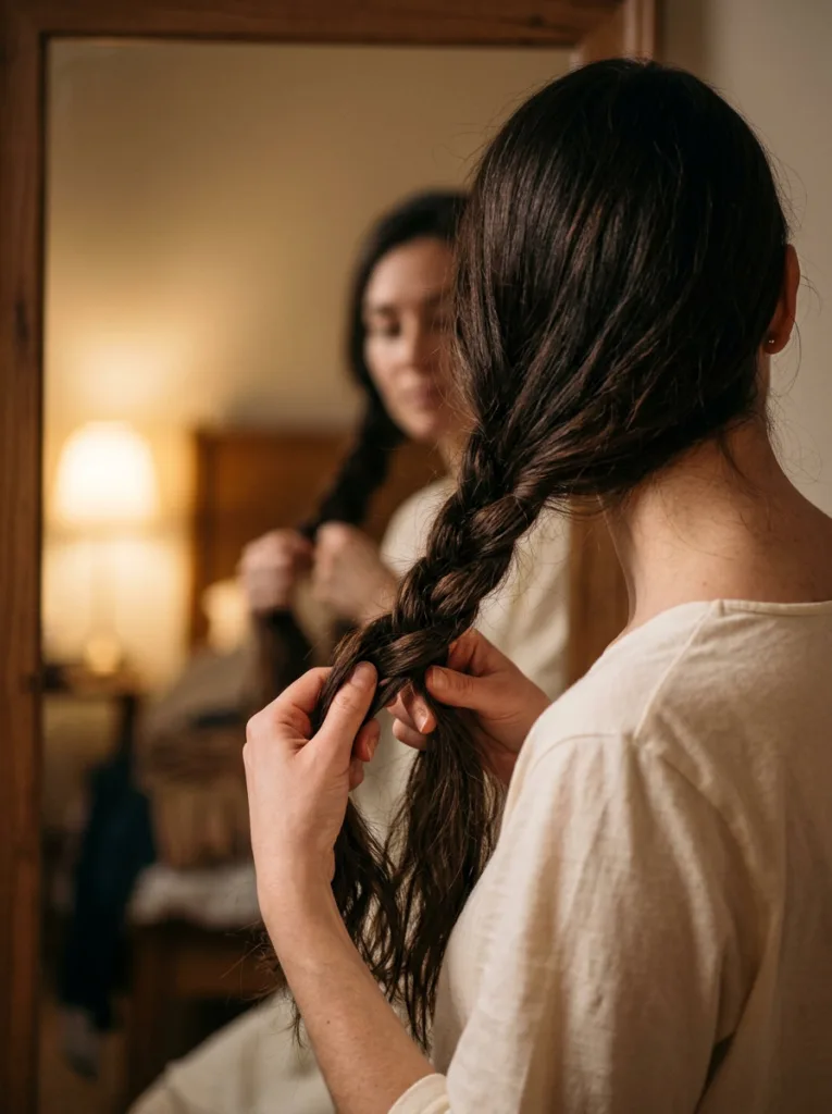 Woman braiding her long hair before bed to prevent tangling