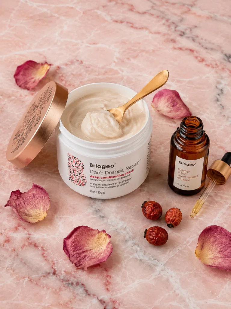 Briogeo Don't Despair Repair deep conditioning hair mask jar open showing cream texture with rose petals on pink marble