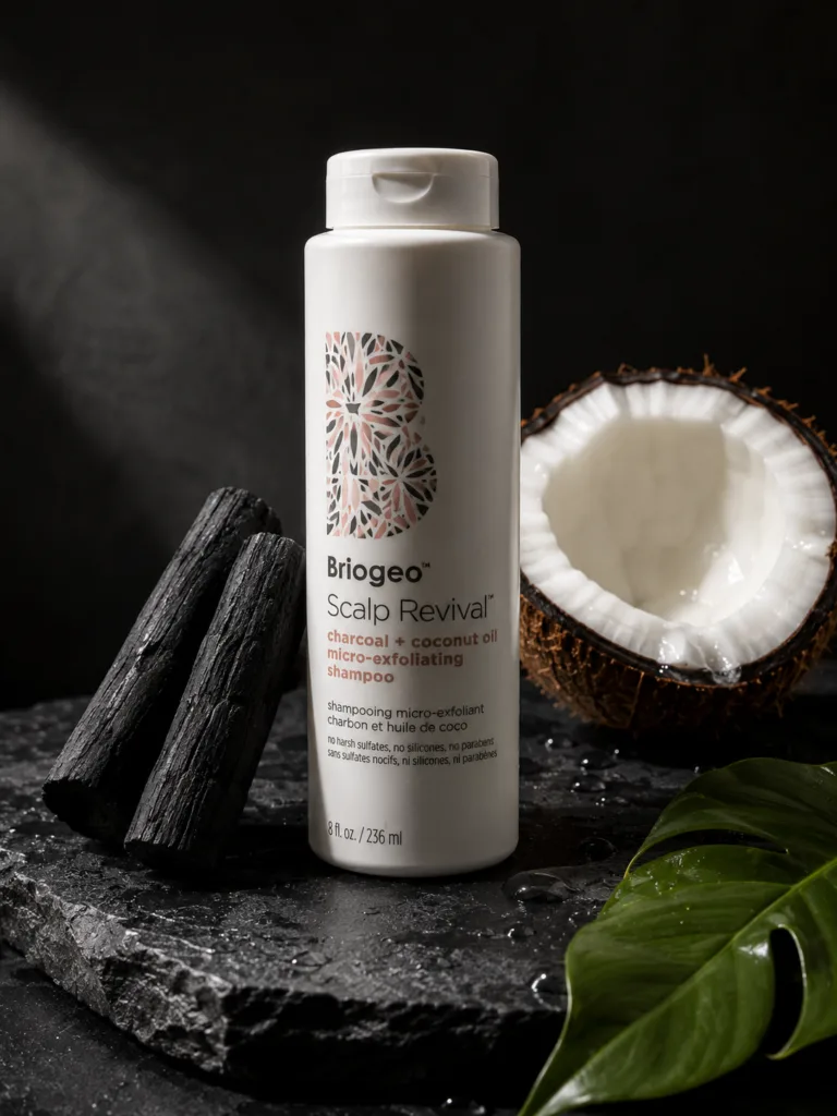 Briogeo Scalp Revival charcoal and coconut oil shampoo bottle with binchotan charcoal sticks on dark slate stone