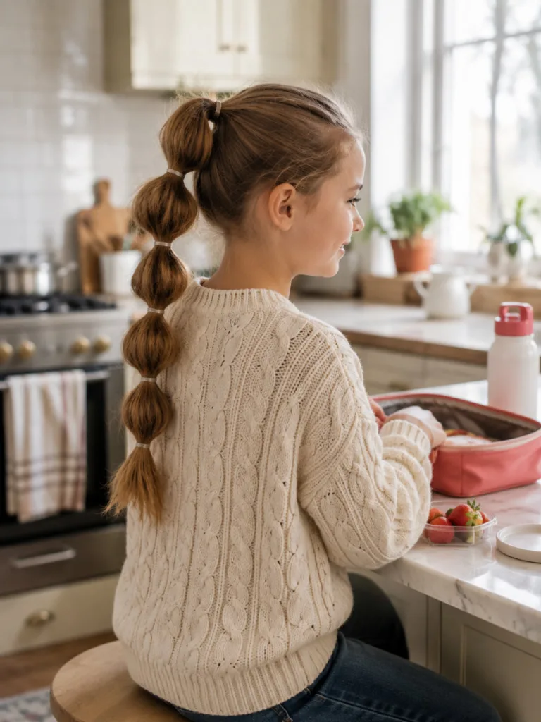 Young girl wearing a bubble ponytail with red ribbon, an easy christmas hairstyle for kids