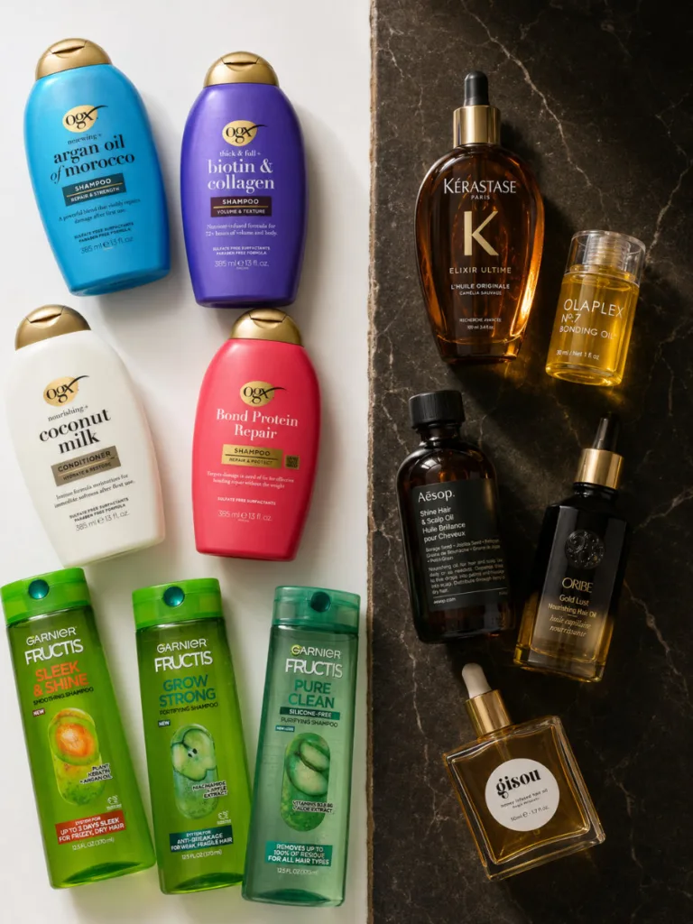 Split image comparing budget drugstore hair products with premium salon hair products