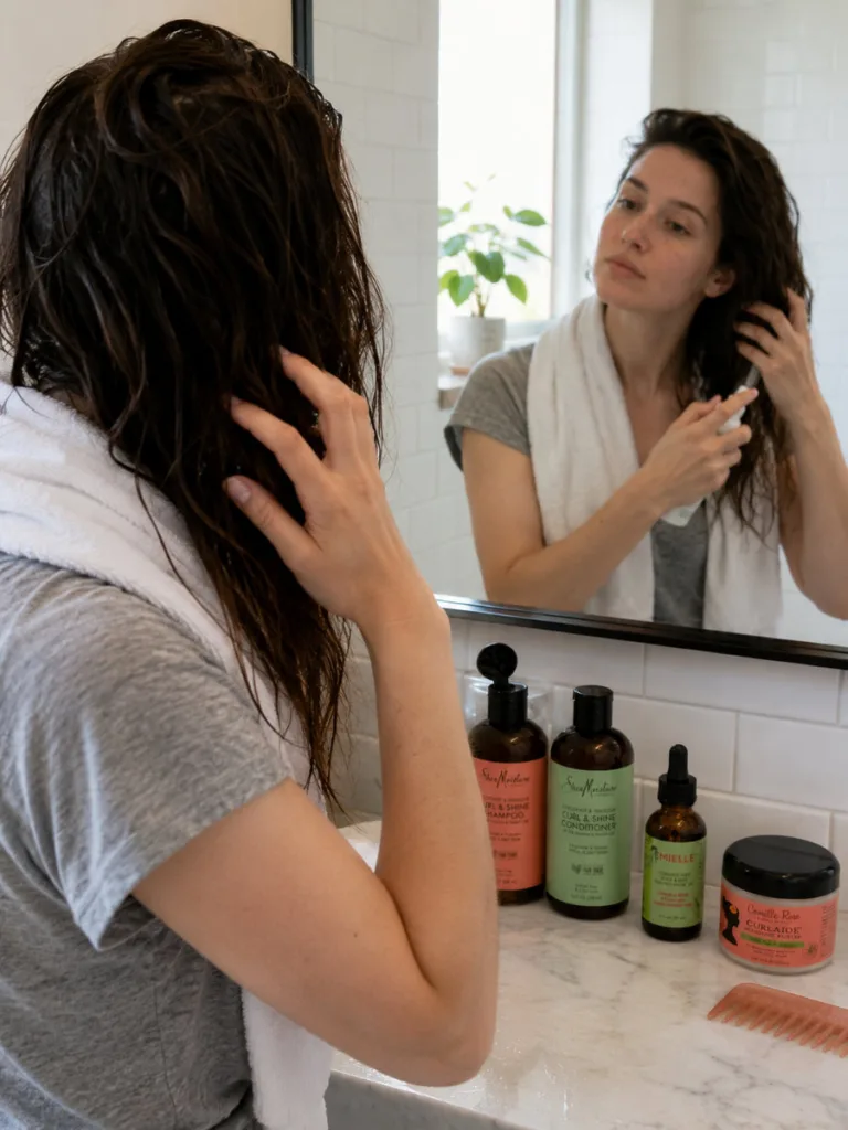 Woman applying leave-in conditioner as part of her anti-frizz hair routine in a bright bathroom