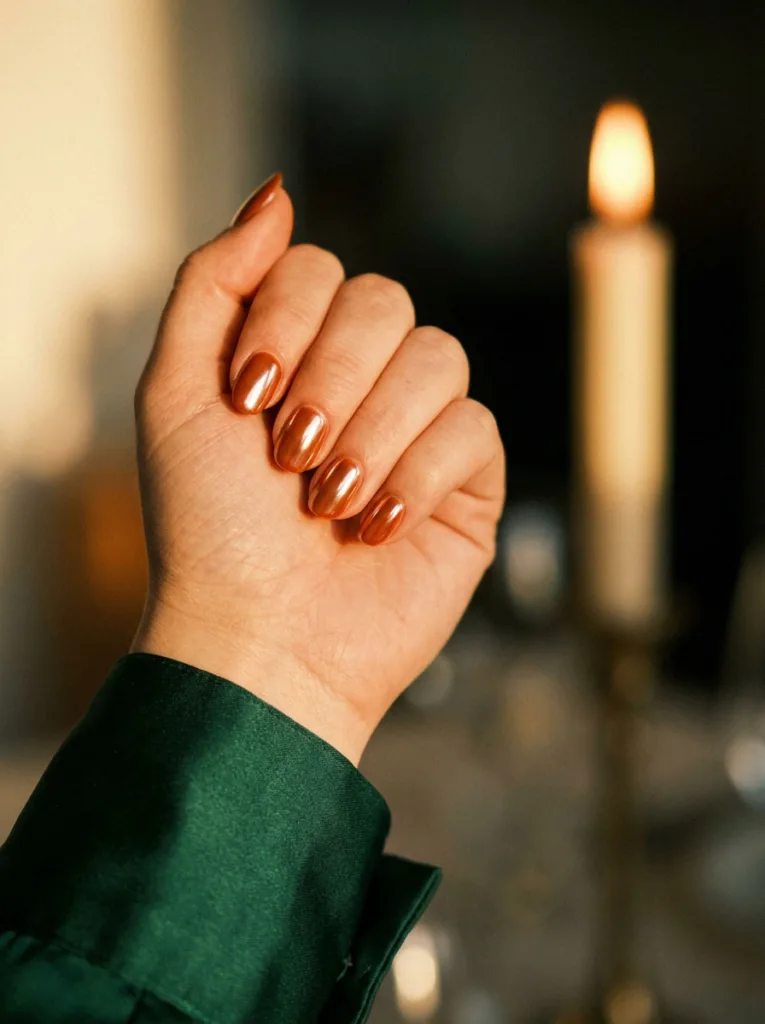 Close-up of burnt orange chrome Thanksgiving nails catching candlelight
