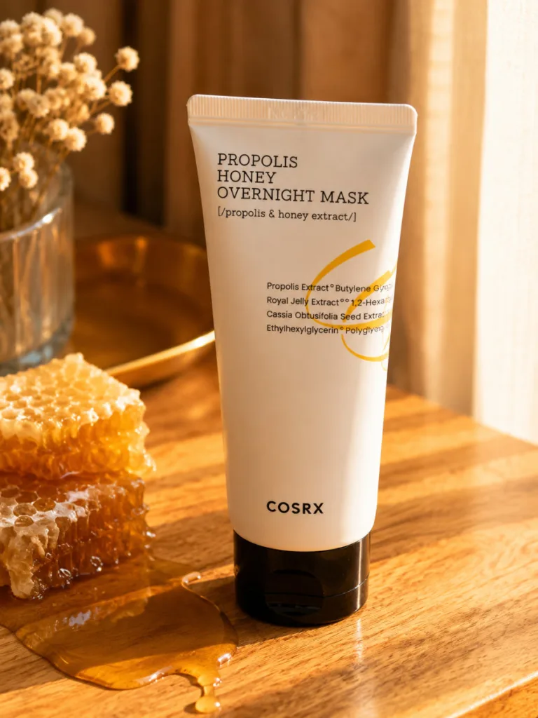 COSRX Full Fit Propolis Honey Overnight Mask jar on a wooden nightstand