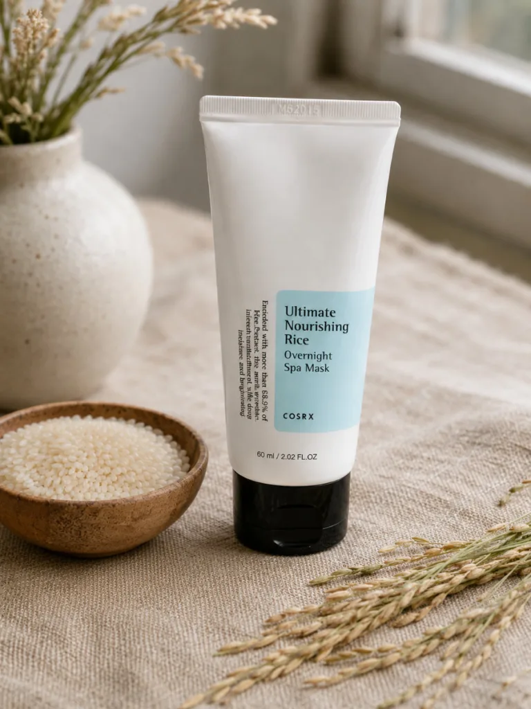 COSRX Ultimate Nourishing Rice Overnight Spa Mask jar with scattered rice grains on linen
