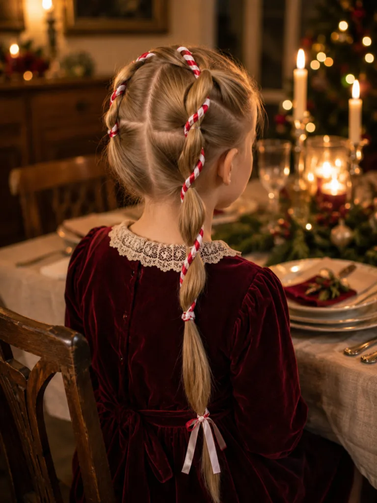 Candy cane ribbon braid, a festive christmas hairstyle for kids