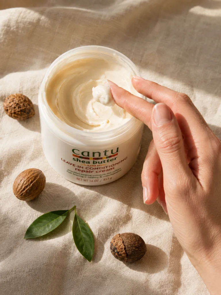 Cantu shea butter leave-in conditioning cream jar open with woman's fair-skinned hand scooping product on warm linen background