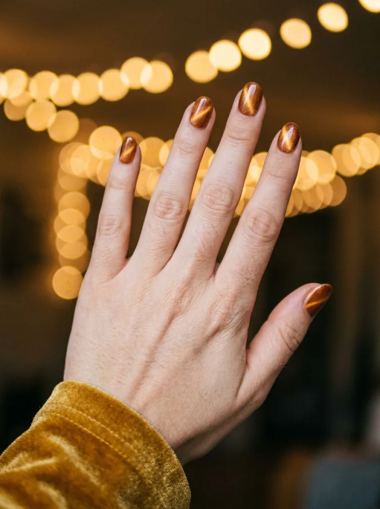 Close-up of amber cat eye nail polish showing its shimmer line