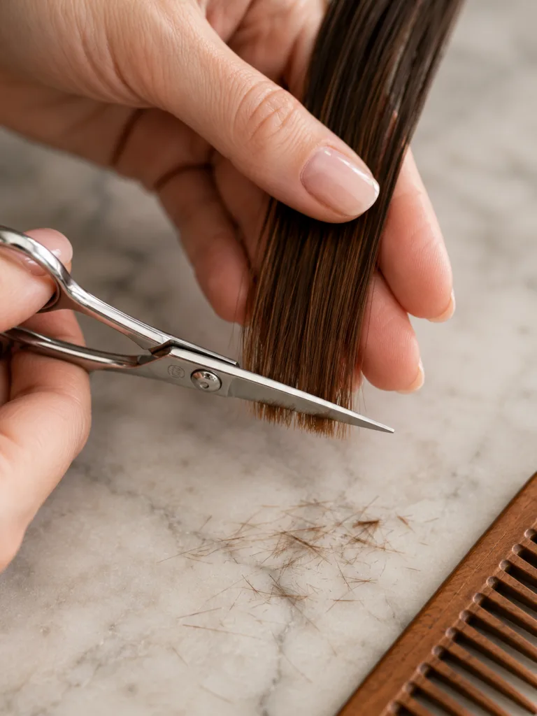 Trimming split ends with hair shears to prevent further breakage
