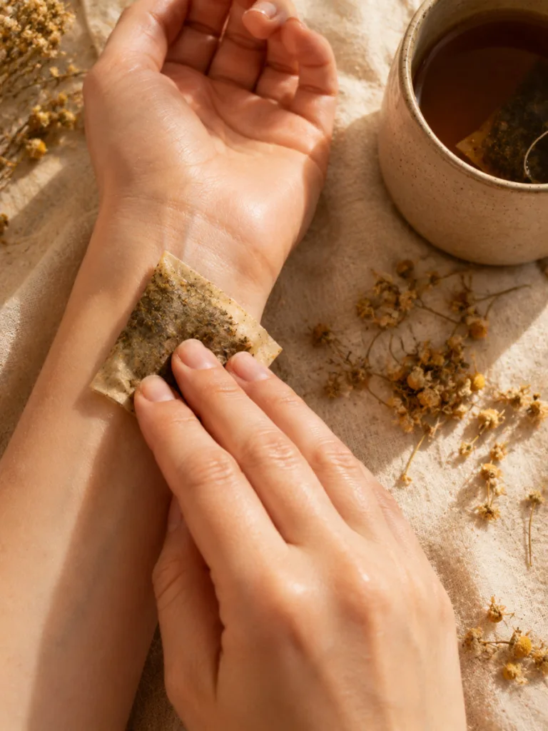 Chamomile tea compress used as a soothing natural face mask for skin