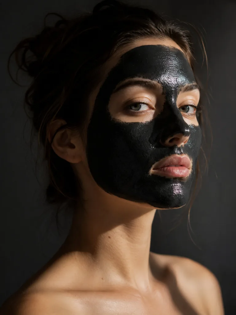 Editorial portrait of a woman wearing a charcoal detox organic face mask