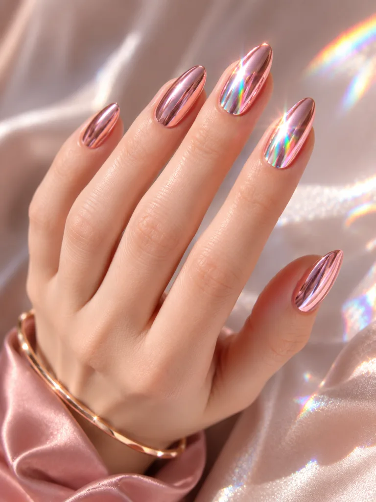 Pink chrome mirror-finish nails on almond-shaped nails catching prismatic light reflections against a white pearlescent background