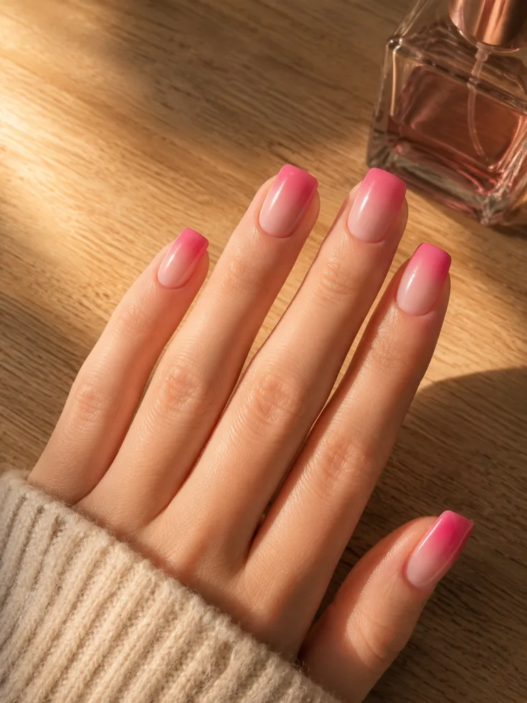 Pink ombre nails blending from blush at the base to hot pink at the tips on square nails with a smooth gradient