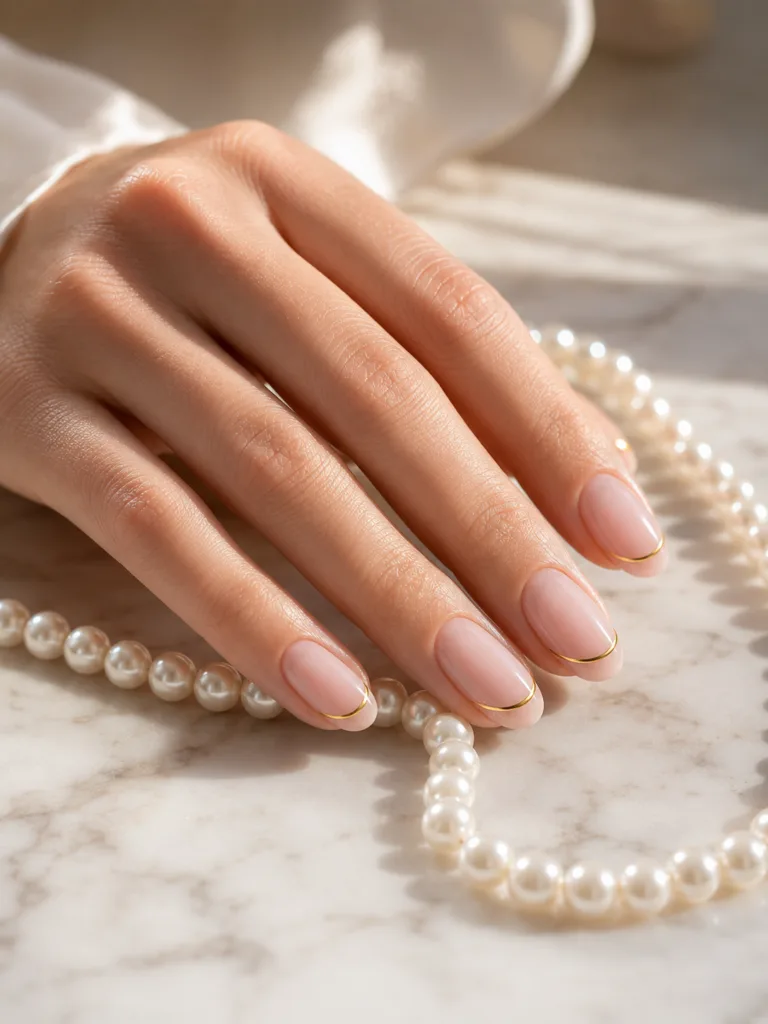 Blush French tip nails with a 1mm gold line at the smile line on oval nails photographed beside a pearl necklace on white marble