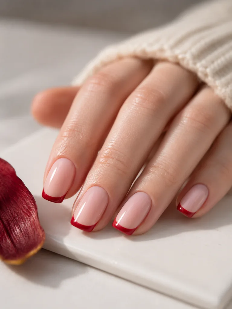 Cherry red French tips at 2-3mm width on natural nails with a clean smile line shot at near-nail level on white ceramic tile