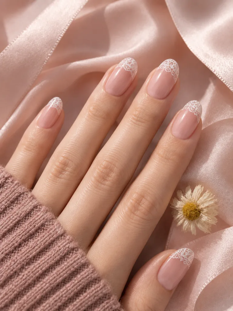 Lace French tip nails with white lace nail foil pressed at the tip of oval nails on a blush satin ribbon background with a dried white flower