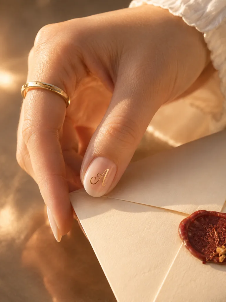 Cursive gold initial painted on the thumbnail in 4-5mm letters over a nude base held above a cream envelope with a red wax seal