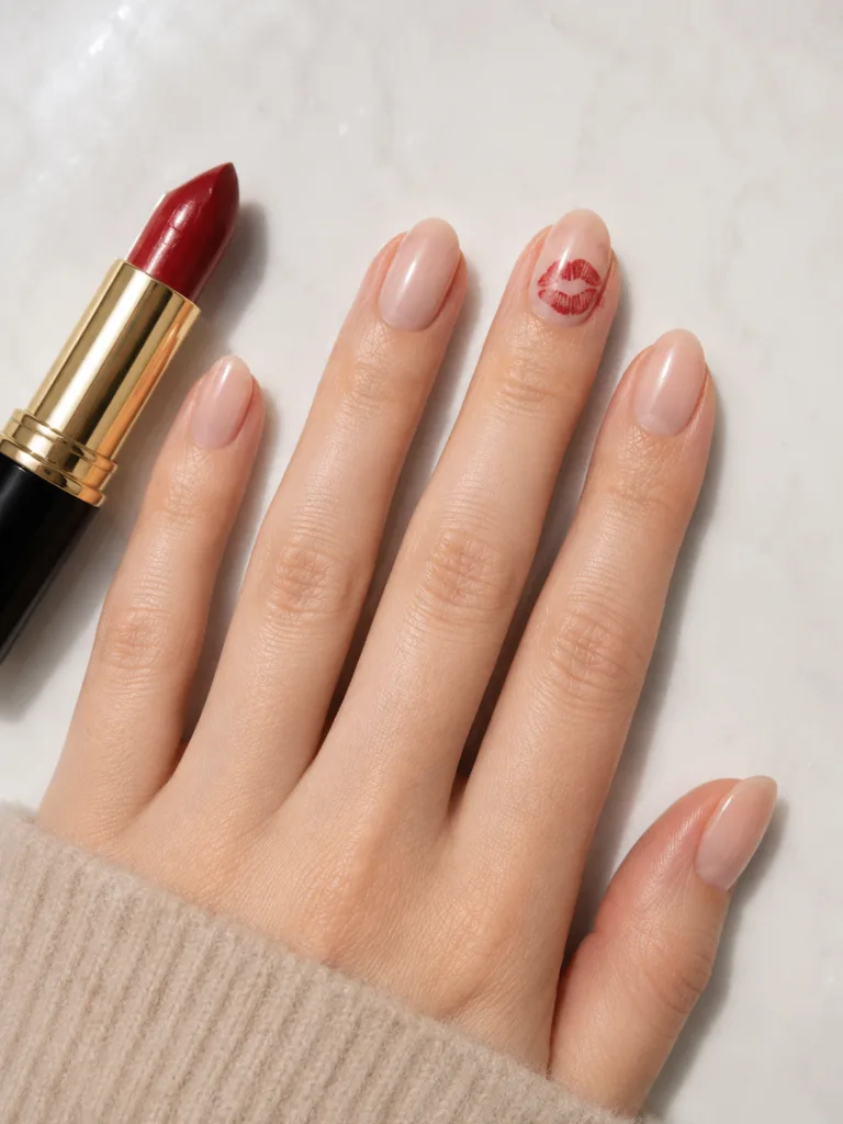 Nude nails with a red lipstick kiss print on the ring finger showing the full organic lip impression sealed with top coat and a red lipstick beside the hand