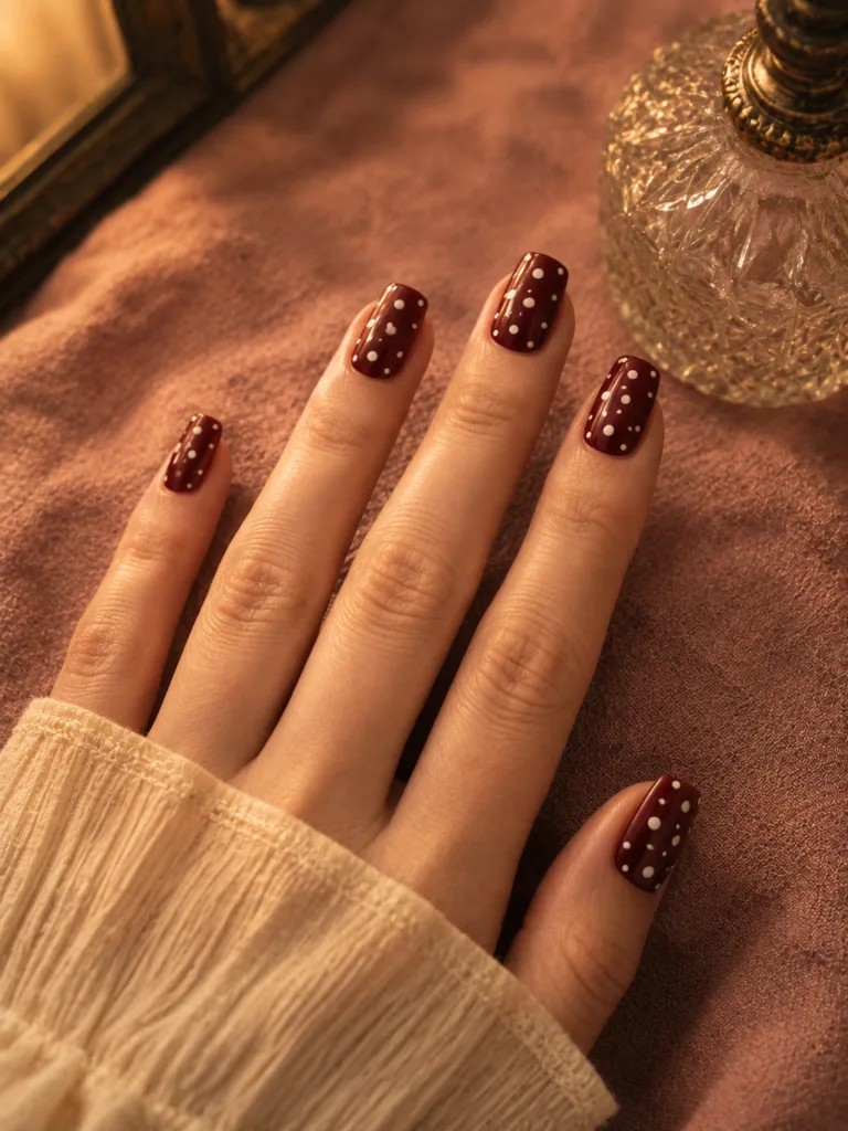 Burgundy nails with scattered white polka dots in two sizes on square nails under warm vintage amber light on dusty rose linen