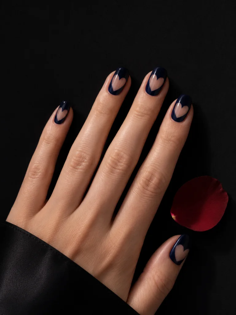 Navy polish surrounding a bare natural nail heart on each almond nail photographed overhead on a matte black surface with a single red rose petal