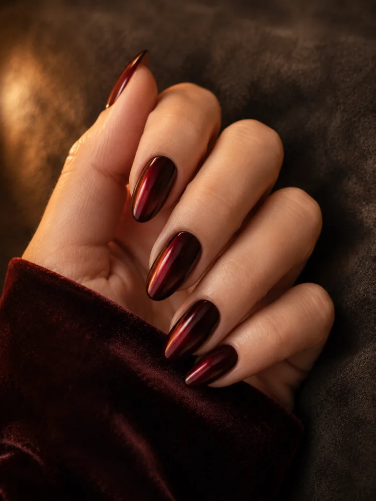 Oxblood gel nails on almond nails showing the red-to-brown color shift under warm tungsten light on dark charcoal suede