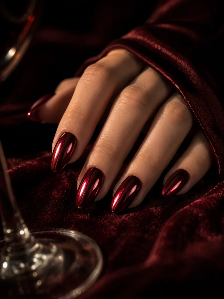 Dark cherry chrome nails with a garnet-like metallic mirror finish on almond nails against burgundy velvet with a champagne flute in the foreground